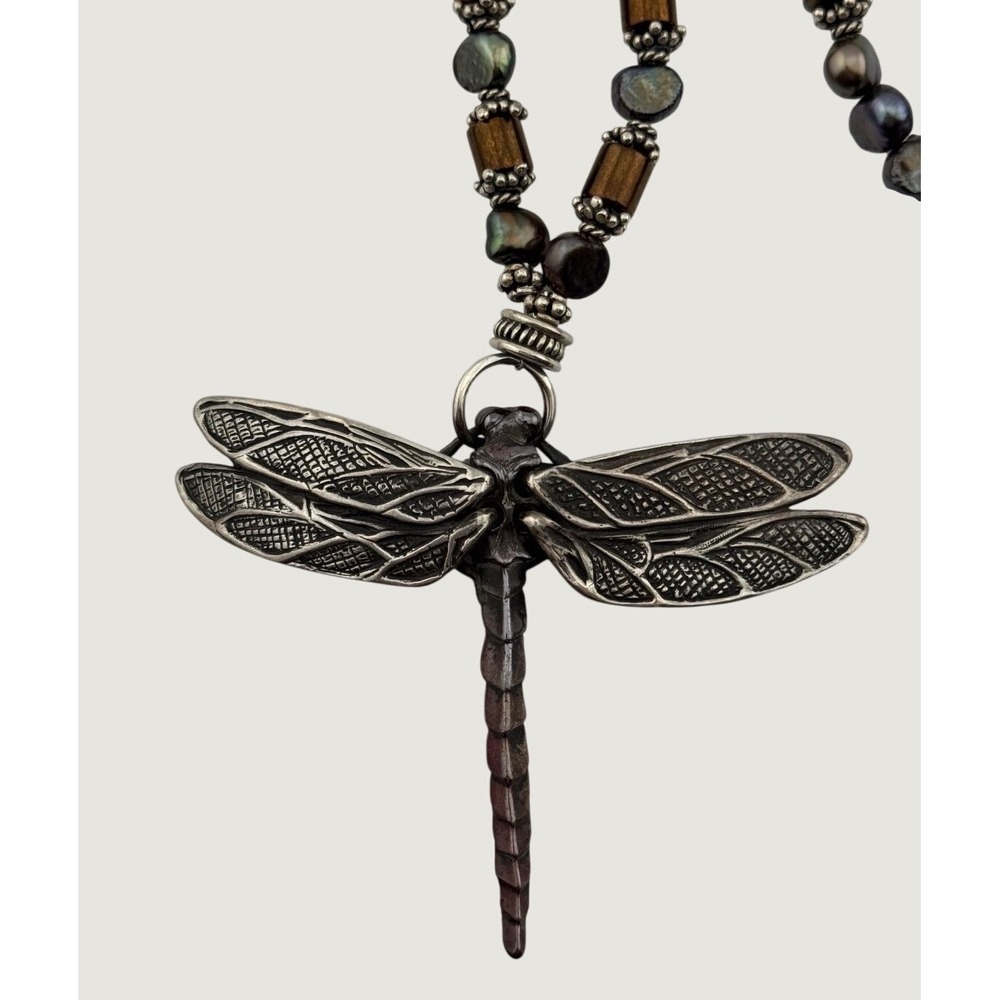 Vintage 1999 Robert Bob Burkett Signed Dragonfly Pendant Beaded‎ Pearl Necklace